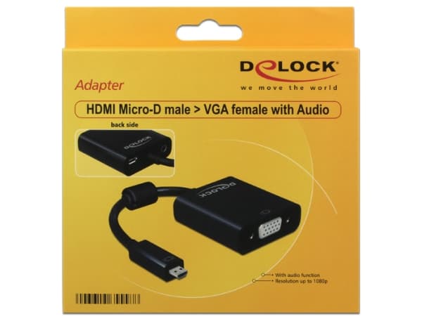 Delock - VGA-adapter - 19 pin micro HDMI Type D (hane) till HD-15 (VGA), mini-phone stereo 3.5 mm, Mikro-USB typ B (endast ström) (hona) - 17 cm - sv