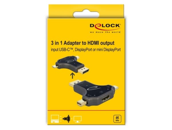 Delock - Video adapter - 24 pin USB-C, Mini DisplayPort, DisplayPort hann til HDMI hunn - antrasitt - 4K-støtte