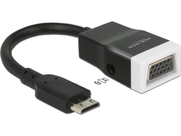 Delock - Video/audio-adapter - 19 pin mini HDMI Type C hann til HD-15 (VGA), mini-phone stereo 3.5 mm hunn - 15 cm - svart, hvit