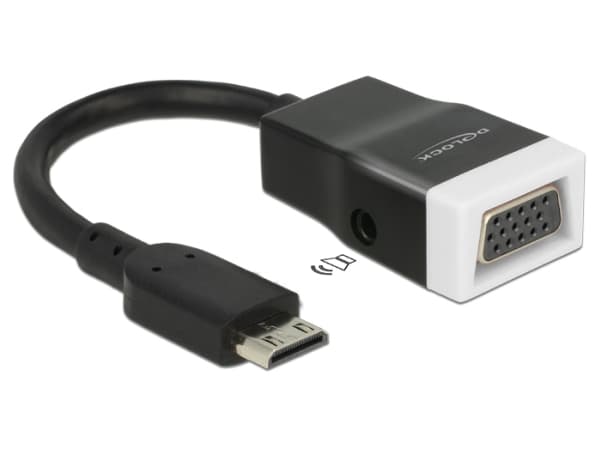 Delock - Video/audio-adapter - 19 pin mini HDMI Type C hann til HD-15 (VGA), mini-phone stereo 3.5 mm hunn - 15 cm - svart, hvit