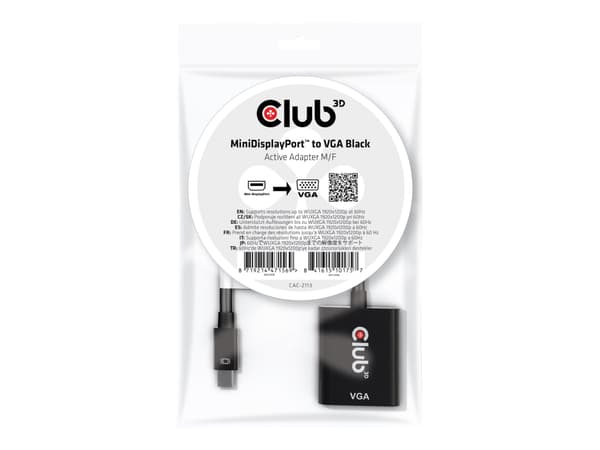 Club 3D CAC-2113 - Video adapter - Mini DisplayPort (hann) til HD-15 (VGA) (hunn) - DisplayPort 1.1a - 22.86 cm - 1080p-støtte, aktiv, 1920 x 1200 (W