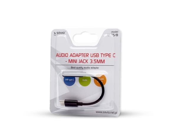 SAVIO AK-35/B - USB-C til hodetelefons-jakkadapter - 24 pin USB-C hann til mini-phone stereo 3.5 mm hunn - 12 cm - svart