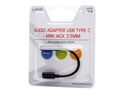 SAVIO AK-35/B - USB-C til hodetelefons-jakkadapter - 24 pin USB-C hann til mini-phone stereo 3.5 mm hunn - 12 cm - svart