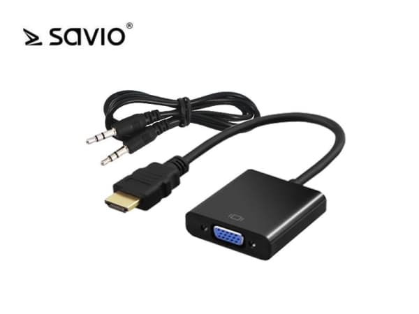 SAVIO CL-23/B - Video adapter - HDMI hann til HD-15 (VGA), mini-phone stereo 3.5 mm hunn - 50 cm - svart - 1080p-støtte