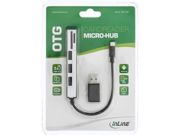 InLine 66775C, MicroSD (TransFlash),MicroSDHC,MicroSDXC,SD,SDHC,SDXC, svart, 480 Mbit/s, syntetiskt ABS, Micro-USB, 17 mm