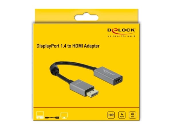 Delock - Video adapter - DisplayPort hann til HDMI hunn - 20 cm - grå, svart - 4K-støtte, aktiv