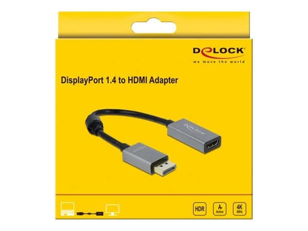 Delock - Video adapter - DisplayPort hann til HDMI hunn - 20 cm - grå, svart - 4K-støtte, aktiv