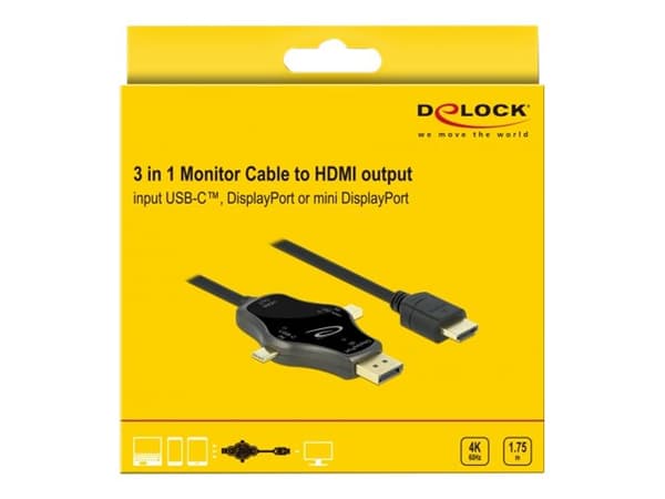 Delock 3 in 1 - Video adapter - DisplayPort, Mini DisplayPort, 24 pin USB-C hann til HDMI hann - 1.75 m - antrasitt - 4K-støtte