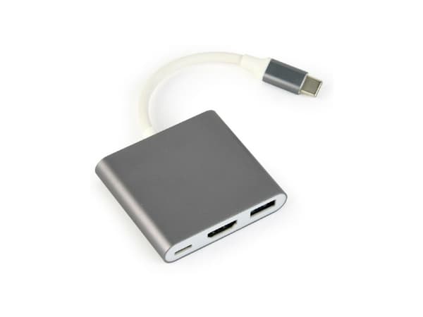 Gembird A-CM-HDMIF-02-SG - Videokort - 24 pin USB-C hane till HDMI, USB typ A, USB-C (enbart ström) hona - stöd för 4K