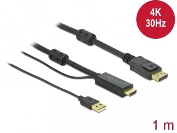 Delock - Video/lydkabel - HDMI, USB (kun strøm) hann til DisplayPort hann - 1 m - trippel beskyttelse - svart - 4K-støtte