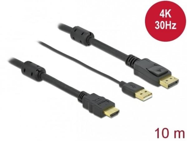 Delock - Video/lydkabel - HDMI, USB (kun strøm) hann til DisplayPort hann - 10 m - trippel beskyttelse - svart - 4K-støtte