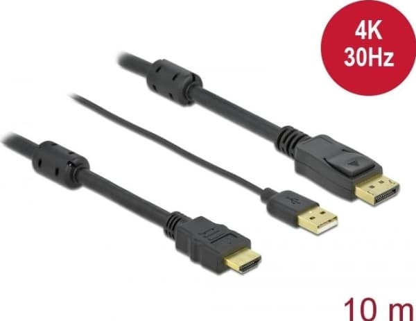 Delock - Video/lydkabel - HDMI, USB (kun strøm) hann til DisplayPort hann - 10 m - trippel beskyttelse - svart - 4K-støtte