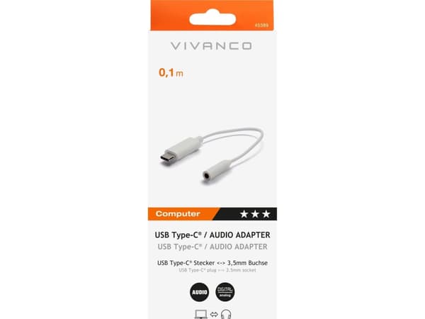 Vivanco CC UC A 1, 3.5mm, Hunkjønn, USB, Hankjønn, 0,1 m, Hvit