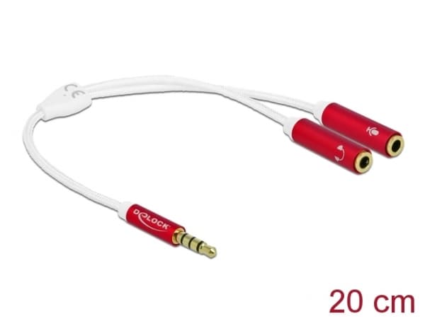 Delock - Hodetelefonadapter - 4-polsminijakk hann til 4-polsminijakk hunn - 20 cm - hvit, rød