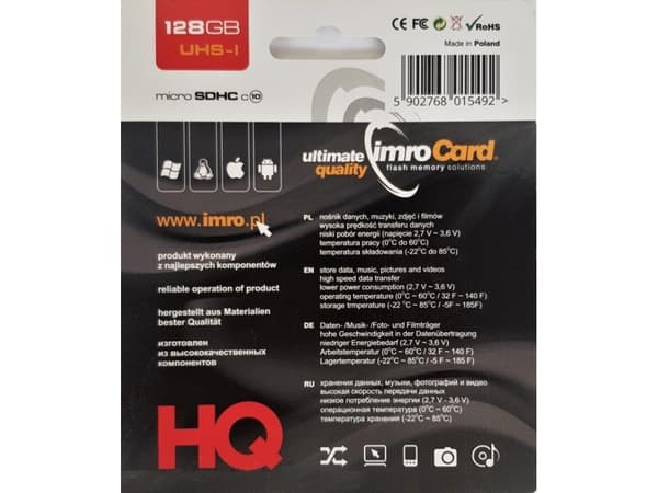 IMRO 10/128G UHS-I ADP, 128 GB, MicroSDHC, Klasse 10, UHS-I, Klasse 1 (U1), Sort