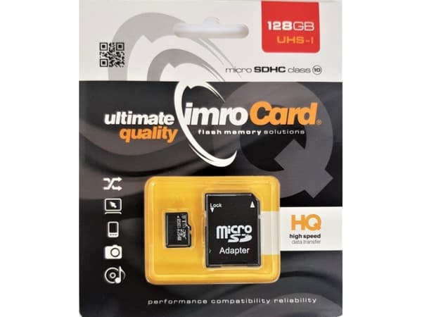 IMRO 10/128G UHS-I ADP, 128 GB, MicroSDHC, Klasse 10, UHS-I, Klasse 1 (U1), Sort