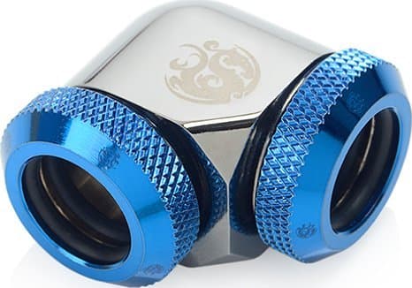Bitspower adapter 90 grader 12mm OD hardt rør til 12mm OD hardt rør - skinnende svart/blått