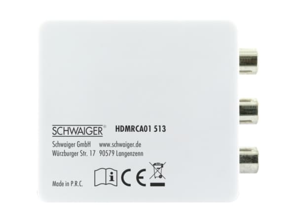 Schwaiger HDMRCA01 513, Videoomvandlare, scaler, Vit, 1920 x 1080 pixlar, 720p, 1080p, NTSC 3.58, NTSC 4.43, PAL, PAL M, PAL N, SECAM, 3 x RCA