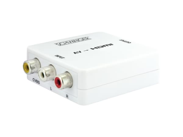 Schwaiger HDMRCA01 513, Videoomvandlare, scaler, Vit, 1920 x 1080 pixlar, 720p, 1080p, NTSC 3.58, NTSC 4.43, PAL, PAL M, PAL N, SECAM, 3 x RCA