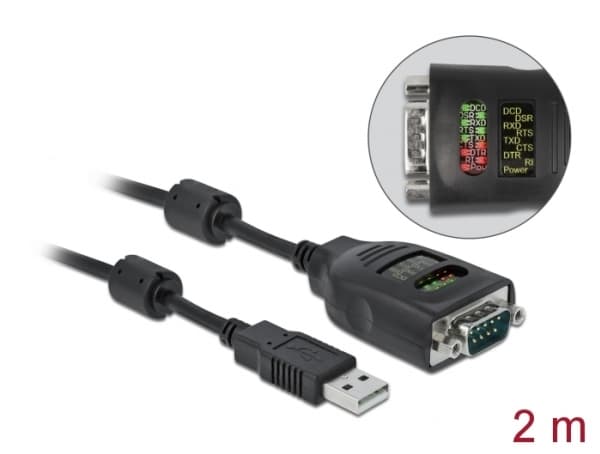 Delock USB Type-A to Serial DB9 Adapter with 9 LED RS-232 Tester - Seriell adapter - USB - RS-232 x 1 - svart