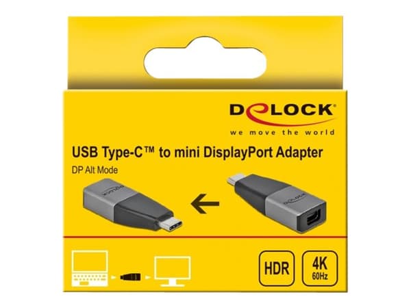 Delock - Videokort - 24 pin USB-C (hane) till Mini DisplayPort (hona) - USB 3.2 Gen 1 / DisplayPort 1.2 - 4K60Hz stöd - grå