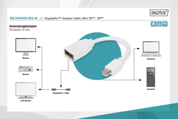 DIGITUS - DisplayPort-adapter - Mini DisplayPort (hann) til DisplayPort (hunn) - DisplayPort 1.2 - 15 cm - formstøpt, 4K 60Hz støtte - hvit
