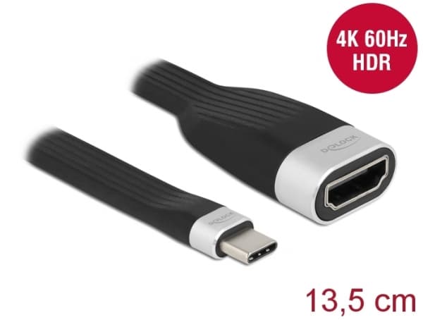 Delock - Video adapter - 24 pin USB-C hann til HDMI hunn - 13.5 cm - svart, sølv - 4K-støtte, USB-strøm