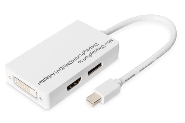 DIGITUS - Video/audio-adapter - Mini DisplayPort hann til DVI-D, HDMI, DisplayPort hunn - 20 cm - dobbeltisolert - hvit - formstøpt, 1080p støtte 60