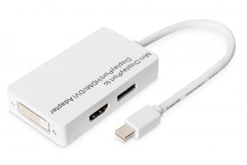 DIGITUS - Video/audio-adapter - Mini DisplayPort hann til DVI-D, HDMI, DisplayPort hunn - 20 cm - dobbeltisolert - hvit - formstøpt, 1080p støtte 60