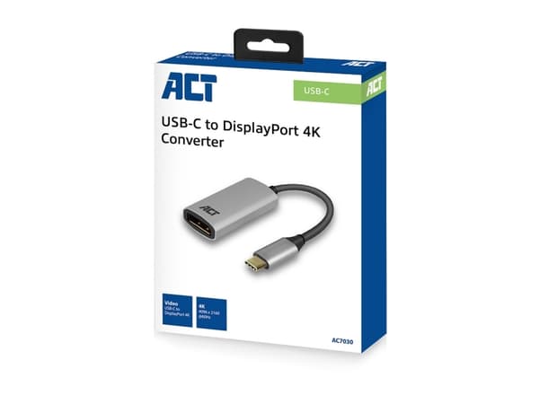 ACT USB-C to DisplayPort female adapter, 4K @ 60Hz, cable length 0.15m, aluminium housing USB-C - DP 4K @60HZ CONVERTER (AC7030)