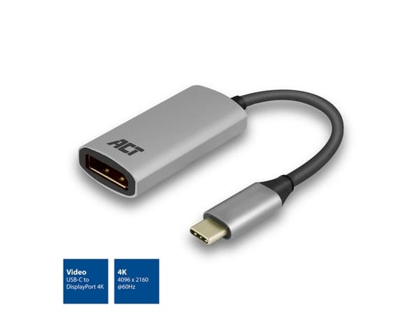 ACT USB-C to DisplayPort female adapter, 4K @ 60Hz, cable length 0.15m, aluminium housing USB-C - DP 4K @60HZ CONVERTER (AC7030)