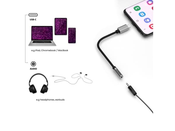 Marmitek 08374, Sort, Sølv, USB C, 3.5mm, 0,15 m, Hanstik, Hunstik