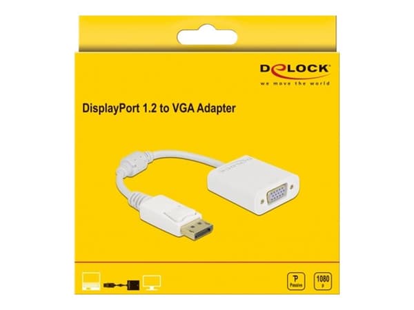 Delock - Videosovitin - DisplayPort (uros) hasp HD-15 (VGA) (naaras) voidaan ruuvata - DisplayPort 1.2 - 15 cm - passiivinen, 1080p tuki 60 Hz - valk