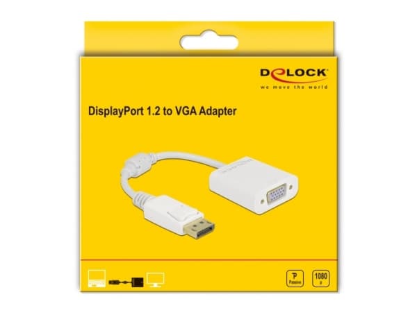 Delock - Videosovitin - DisplayPort (uros) hasp HD-15 (VGA) (naaras) voidaan ruuvata - DisplayPort 1.2 - 15 cm - passiivinen, 1080p tuki 60 Hz - valk