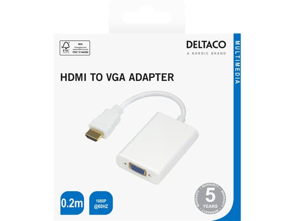DELTACO - Videokort - HDMI hane till 15 pin D-Sub (DB-15), minijack, Mikro-USB typ B (endast ström) hona - 20 cm - vit - 1080p stöd 60 Hz