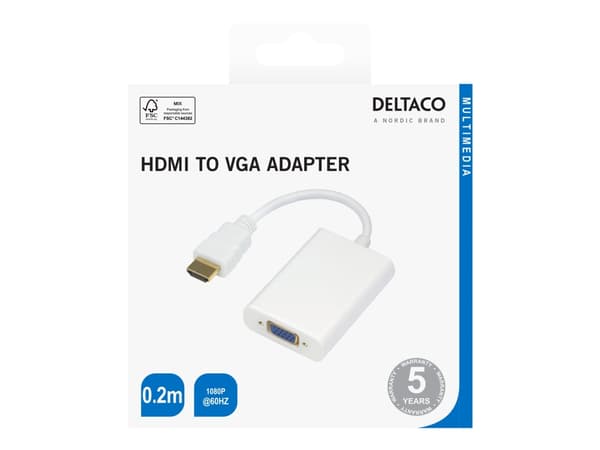DELTACO - Videokort - HDMI hane till 15 pin D-Sub (DB-15), minijack, Mikro-USB typ B (endast ström) hona - 20 cm - vit - 1080p stöd 60 Hz