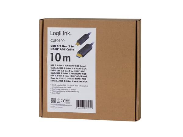 LogiLink CUF0100, 10 m, USB Type-C, HDMI Type A (Standard), Hankjønn, Hankjønn, Rett
