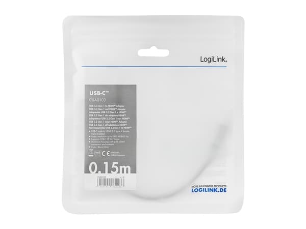 LogiLink CUA0103, USB 3.2 Gen1 Type-C, HDMI-A, 0,15 m, Svart, Grå