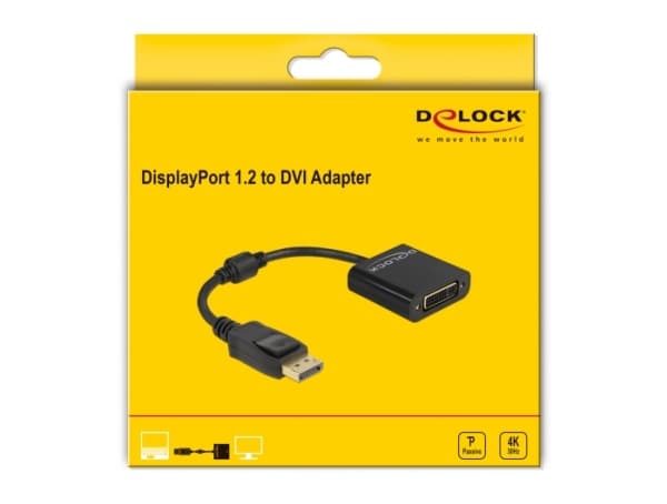 Delock - Adapterkabel - DisplayPort (hann) til DVI-I (hunn) - DisplayPort 1.2 - 15 cm - passiv omformer, 4 K 30 Hz (3840 x 2160) støtte, støtte for 1