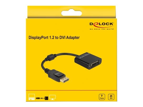 Delock - Adapterkabel - DisplayPort (hann) til DVI-I (hunn) - DisplayPort 1.2 - 15 cm - passiv omformer, 4 K 30 Hz (3840 x 2160) støtte, støtte for 1