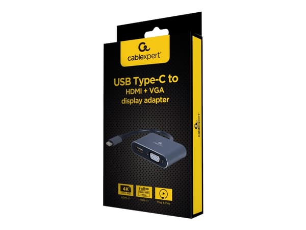 Cablexpert - Videokort - 24 pin USB-C hane till HDMI, HD-15 (VGA) hona - 15 cm - rymdgrå - 4K 30 Hz (3840 x 2160) stöd (HDMI), 1080p-stöd 60 Hz (VGA)
