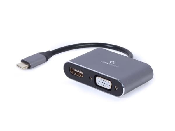 Cablexpert - Videokort - 24 pin USB-C hane till HDMI, HD-15 (VGA) hona - 15 cm - rymdgrå - 4K 30 Hz (3840 x 2160) stöd (HDMI), 1080p-stöd 60 Hz (VGA)