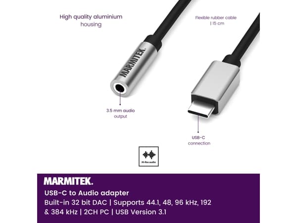 Marmitek 08374, Sort, Sølv, USB C, 3.5mm, 0,15 m, Hanstik, Hunstik