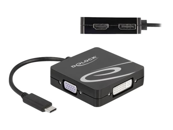 Delock - High Speed - videokort - enkel länk - 24 pin USB-C hane till 15 pin D-Sub (DB-15), DVI-I, HDMI, DisplayPort hona - 10 cm - svart - stöd för Svart