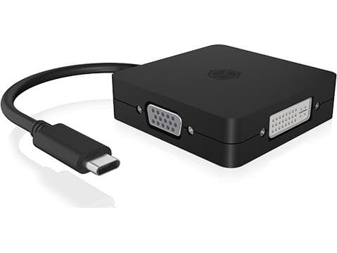 ICY BOX IB-DK1104-C - Videokort - 24 pin USB-C hane till HD-15 (VGA), HDMI, DisplayPort, DVI-D hona - 15 cm - svart - stöd för 4K60 Hz (3840 x 2160)