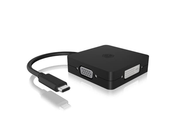 ICY BOX IB-DK1104-C - Videokort - 24 pin USB-C hane till HD-15 (VGA), HDMI, DisplayPort, DVI-D hona - 15 cm - svart - stöd för 4K60 Hz (3840 x 2160)