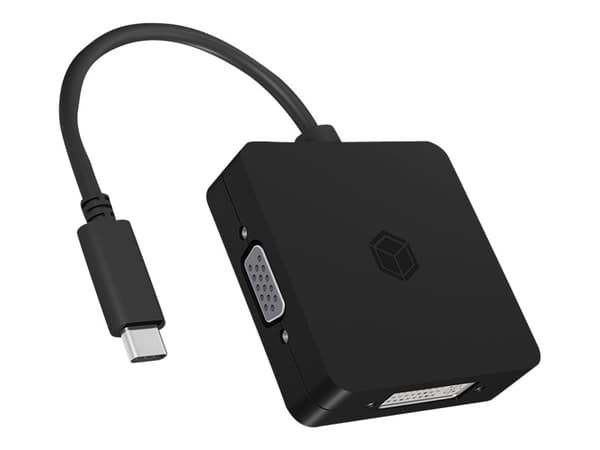 ICY BOX IB-DK1104-C - Videokort - 24 pin USB-C hane till HD-15 (VGA), HDMI, DisplayPort, DVI-D hona - 15 cm - svart - stöd för 4K60 Hz (3840 x 2160) Svart