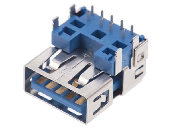 Molex 483910003 220 pcs Universal Serial Bus (USB 3.0) I/O Receptacle, Right-Angle, Type A, High-Temperature Blue Nylon, 15µ Gol