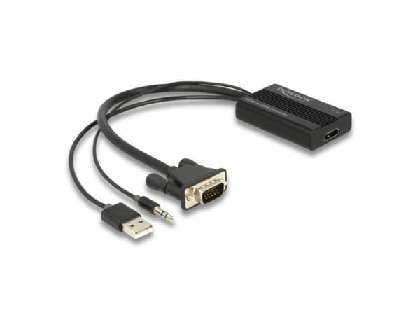 Delock - Ström/ljud/videoadapter - HD-15 (VGA), mini-phone stereo 3.5 mm, USB (endast ström) hane till HDMI hona - 25 cm - svart - tumskruvar, aktiv,