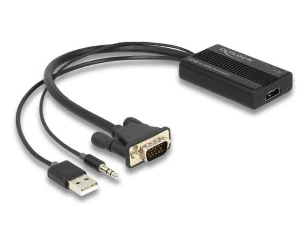 Delock - Ström/ljud/videoadapter - HD-15 (VGA), mini-phone stereo 3.5 mm, USB (endast ström) hane till HDMI hona - 25 cm - svart - tumskruvar, aktiv,